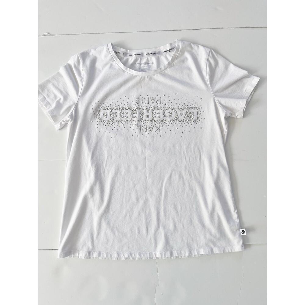 Karl Lagerfeld Paris Shirt Womens M White Rhinestone Logo Crew Neck Tee